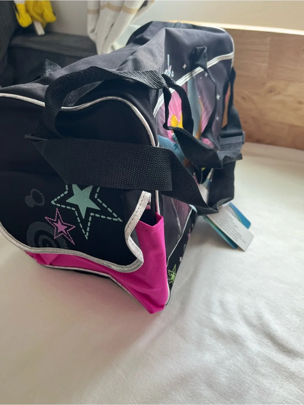 Vintage Disney Tinker Bell Black, Pink & Green Kids Duffle Bag Y2K Deadstock
